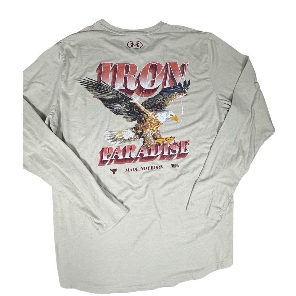 Under Armour Project Rock T-Shirt Mens XXL Cream Iron Paradise Long Sleeve Eagle